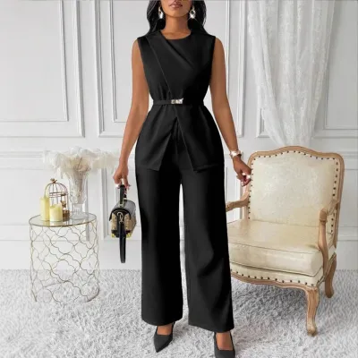 Women Fashion Casual Solid Color Sleeveless Belt Vest Loose Pants Two-Piece Set