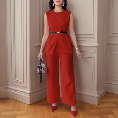 Women Fashion Casual Solid Color Sleeveless Belt Vest Loose Pants Two-Piece Set
