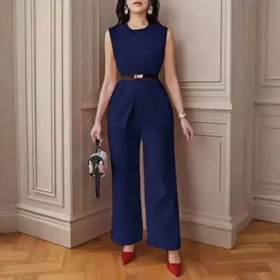 Women Fashion Casual Solid Color Sleeveless Belt Vest Loose Pants Two-Piece Set