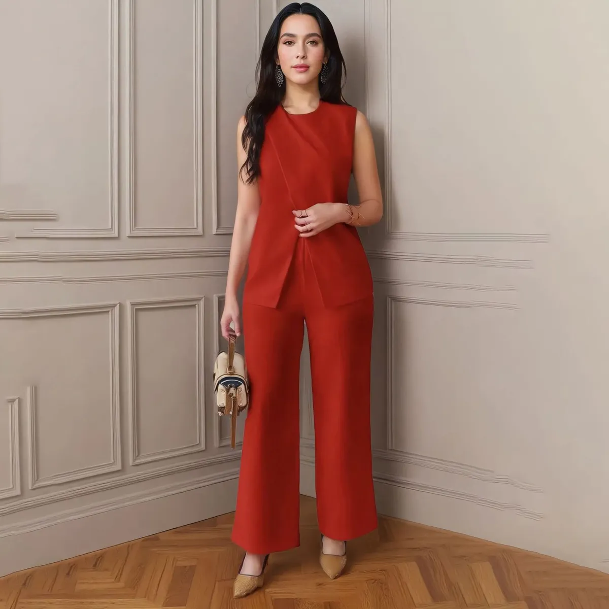 Women Fashion Casual Solid Color Sleeveless Belt Vest Loose Pants Two-Piece Set