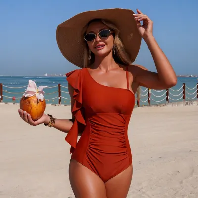 Women Fashion Sexy Solid Color Ruffled One-Shoulder One-Piece Swimsuit