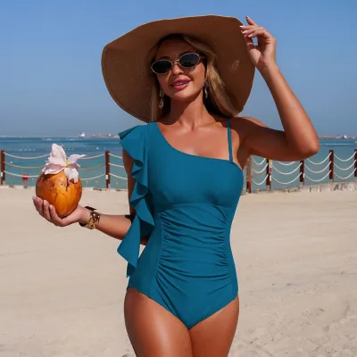 Women Fashion Sexy Solid Color Ruffled One-Shoulder One-Piece Swimsuit