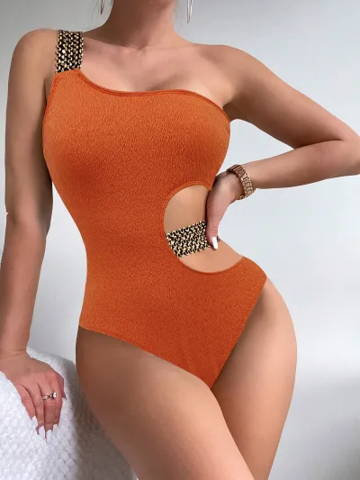 Women Fashion Sexy Solid Color One-Shoulder One-Piece Swimsuit
