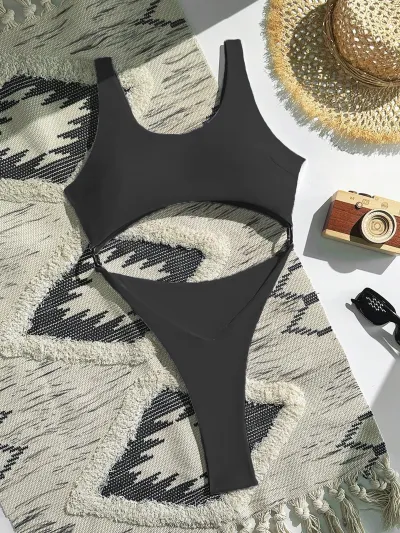 Women Fashion Sexy Solid Color Hollowed-Out One-Piece Swimsuit