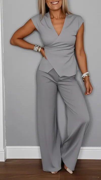 Women Fashion Casual Solid Color Pleated Sleeveless Vest Loose Pants Two-Piece Set