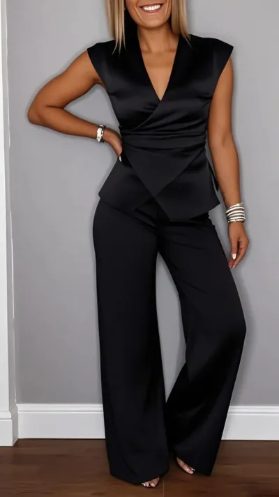 Women Fashion Casual Solid Color Pleated Sleeveless Vest Loose Pants Two-Piece Set