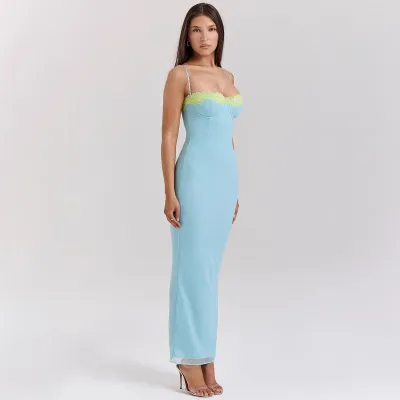 Women Fashion Sexy Lace Stitching Spaghetti Strap Slim Fit Dress