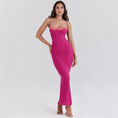 Women Fashion Sexy Lace Stitching Spaghetti Strap Slim Fit Dress