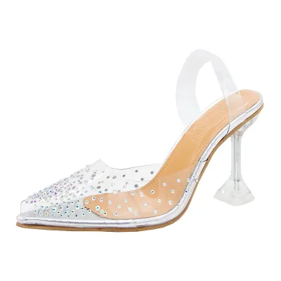 Women Sexy Transparent Rhinestones Pointed-Toe High Heeled Shoes Ethnic PU
