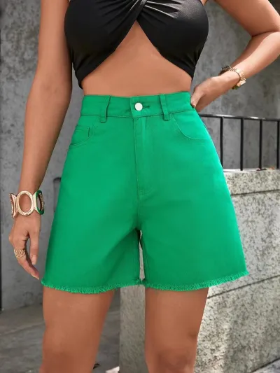 Women Fashion Casual Solid Color Loose High Waist Denim Shorts