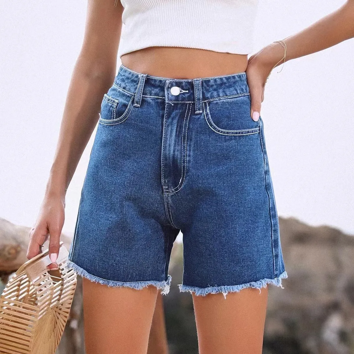Women Fashion Casual Solid Color Loose High Waist Denim Shorts