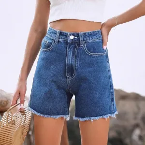 Women Fashion Casual Solid Color Loose High Waist Denim Shorts