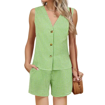 Summer Women Casual Fashion Plaid Print Sleeveless Vest Top And Shorts Two-Piece Set