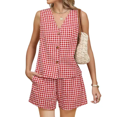 Summer Women Casual Fashion Plaid Print Sleeveless Vest Top And Shorts Two-Piece Set