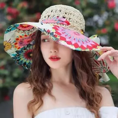 Women Fashion Casual Printed Stitching Breathable Beach Big-Brimmed Straw Sunshade Hat