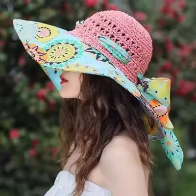 Women Fashion Casual Printed Stitching Breathable Beach Big-Brimmed Straw Sunshade Hat