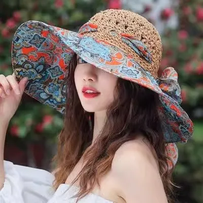 Women Fashion Casual Printed Stitching Breathable Beach Big-Brimmed Straw Sunshade Hat