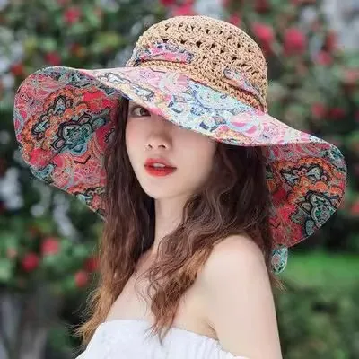Women Fashion Casual Printed Stitching Breathable Beach Big-Brimmed Straw Sunshade Hat
