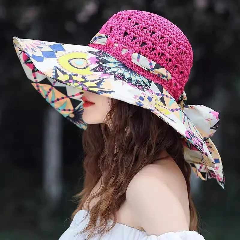 Women Fashion Casual Printed Stitching Breathable Beach Big-Brimmed Straw Sunshade Hat
