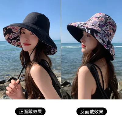 Women Fashion Casual Floral Printed Big-Brim Covering Double-Sided Sun Hat