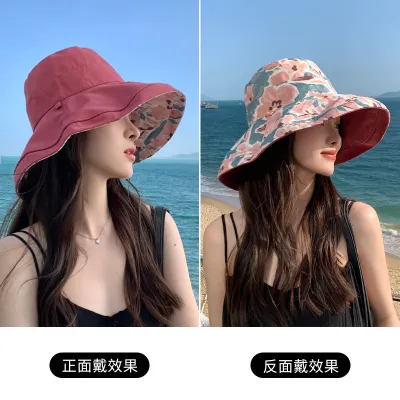 Women Fashion Casual Floral Printed Big-Brim Covering Double-Sided Sun Hat