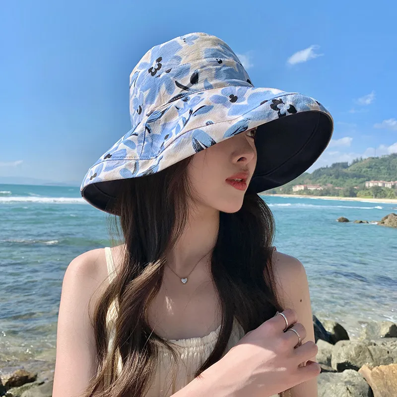 Women Fashion Casual Floral Printed Big-Brim Covering Double-Sided Sun Hat