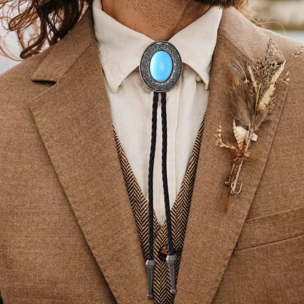 Men's Fashion Creative Alloy Leather Rope Necklace Bolo Tie Turquoise Pendant