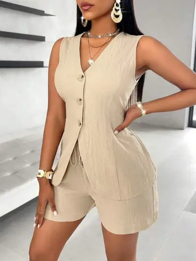 Women Fashion Solid Color V-Neck Vest Top And Shorts Two-Piece Set