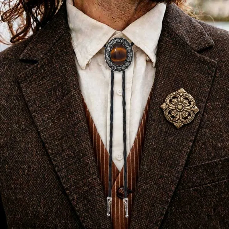 Men Fashion Retro Celtic Blue Turquoise Long Bolo Tie Necklace