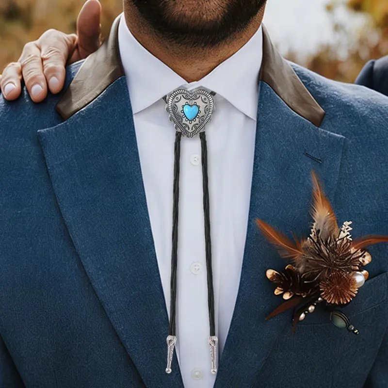 Men's Retro Punk Love Blue Turquoise Leather Rope Bolo Tie Necklace