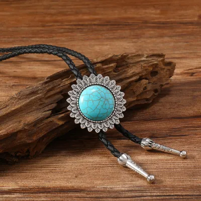 Men's Fashion Retro Turquoise Alloy Oil Drop Pu Bolo Tie Necklace