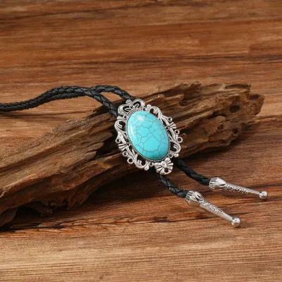 Men's Fashion Retro Turquoise Alloy Oil Drop Pu Bolo Tie Necklace