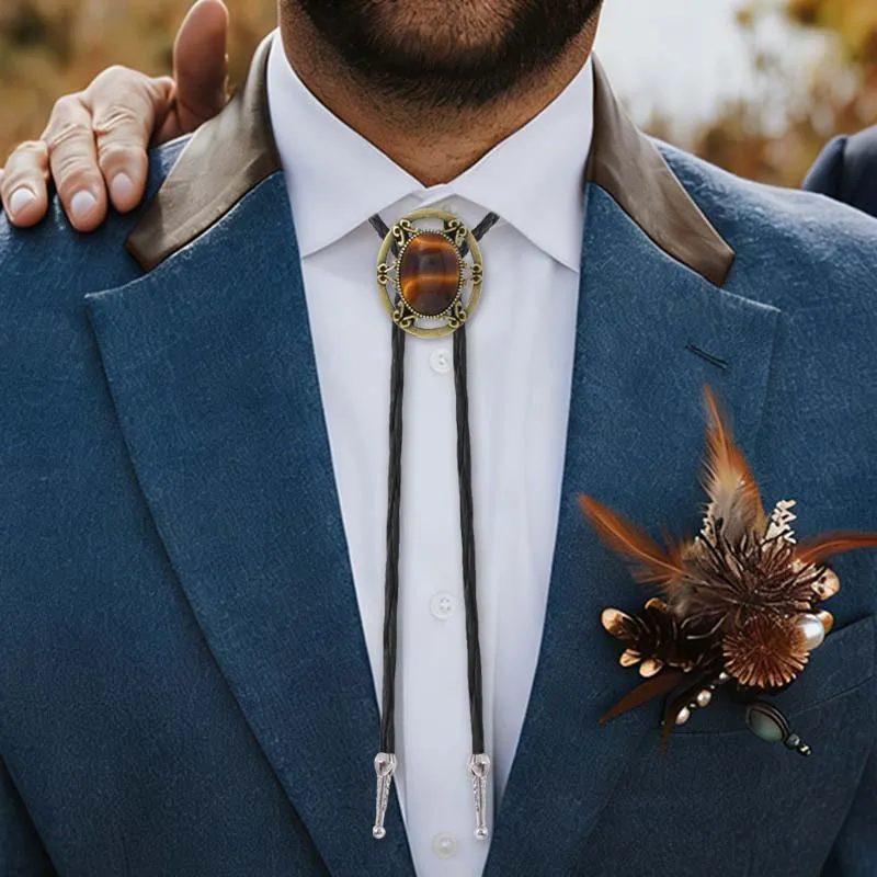 Men's Fashion Retro Five-Pointed Star Amber Pendant Long Bolo Tie Necklace