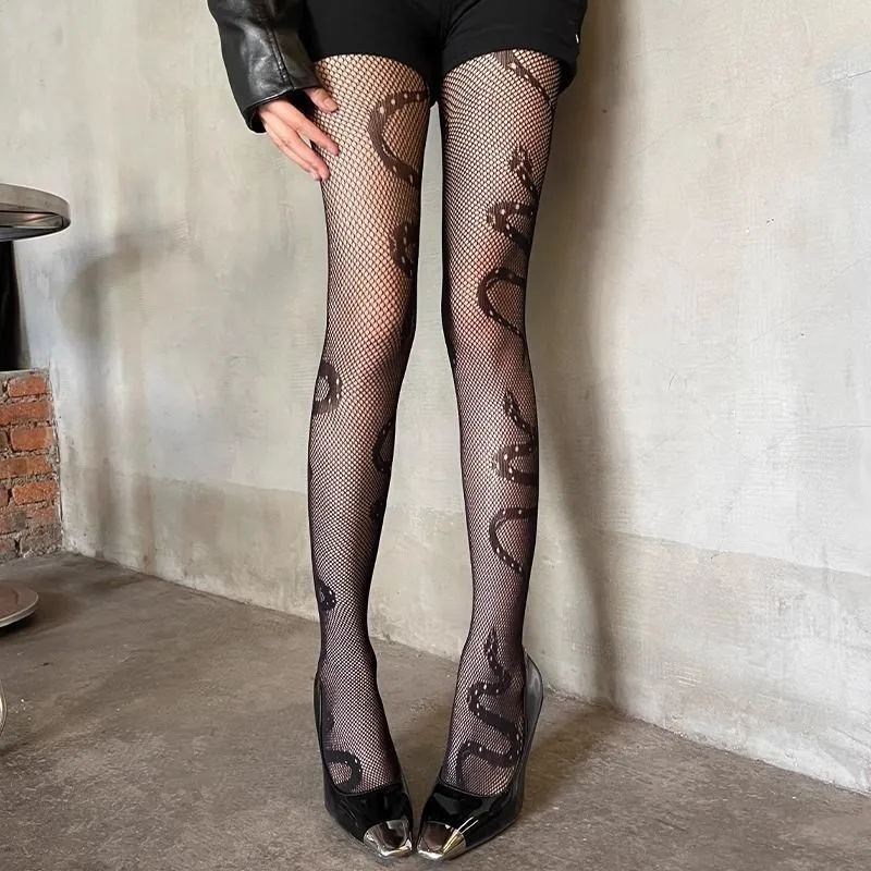 Women Fashion Sexy Black Hollow Snake Pattern Thin Stockings