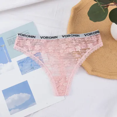Women Fashion Sexy Solid Color Lace Flower Breathable Low Waist Thong