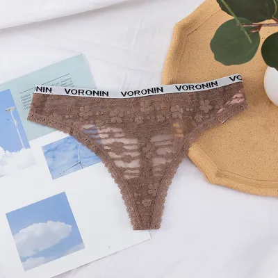 Women Fashion Sexy Solid Color Lace Flower Breathable Low Waist Thong