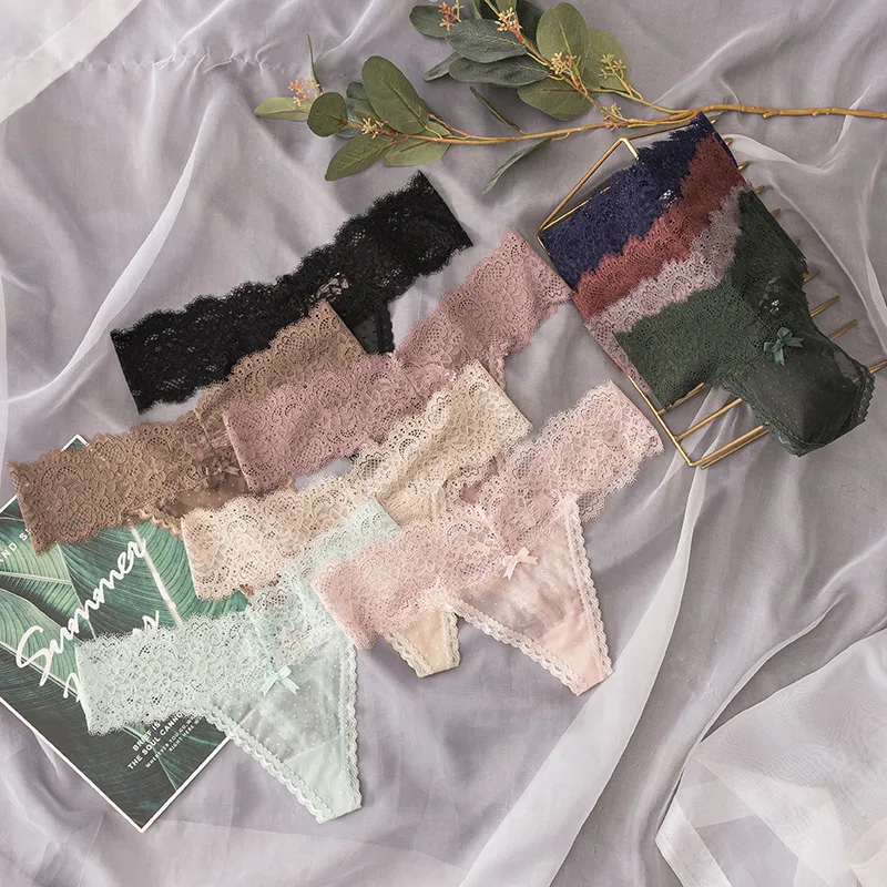 Women Ffashion Sexy Solid Color Lace Low Waist Thong