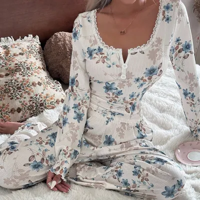 Women Fashion Casual Printed Long Sleeve T-Shirt Loose Pants Pajamas Two-Piece Set