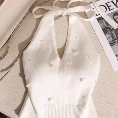Women Fashion Sexy Solid Color Beaded Halter-Neck Backless Knitted Tank Top
