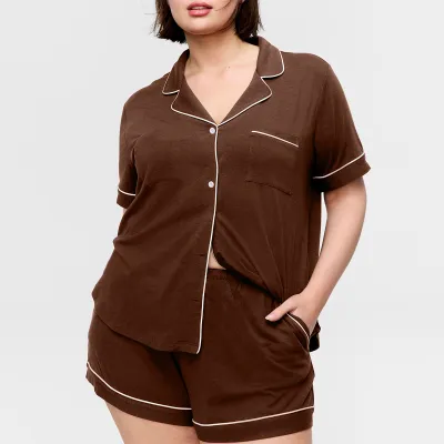 Women Fashion Casual Plus Size Lapel Short Sleeve Cardigan Loose Shorts Pajamas Two-Piece Set