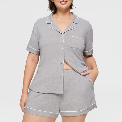 Women Fashion Casual Plus Size Lapel Short Sleeve Cardigan Loose Shorts Pajamas Two-Piece Set