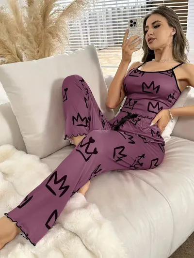Women Fashion Milk Silk Printed Camisole Loose Pants Pajamas Two-Piece Set