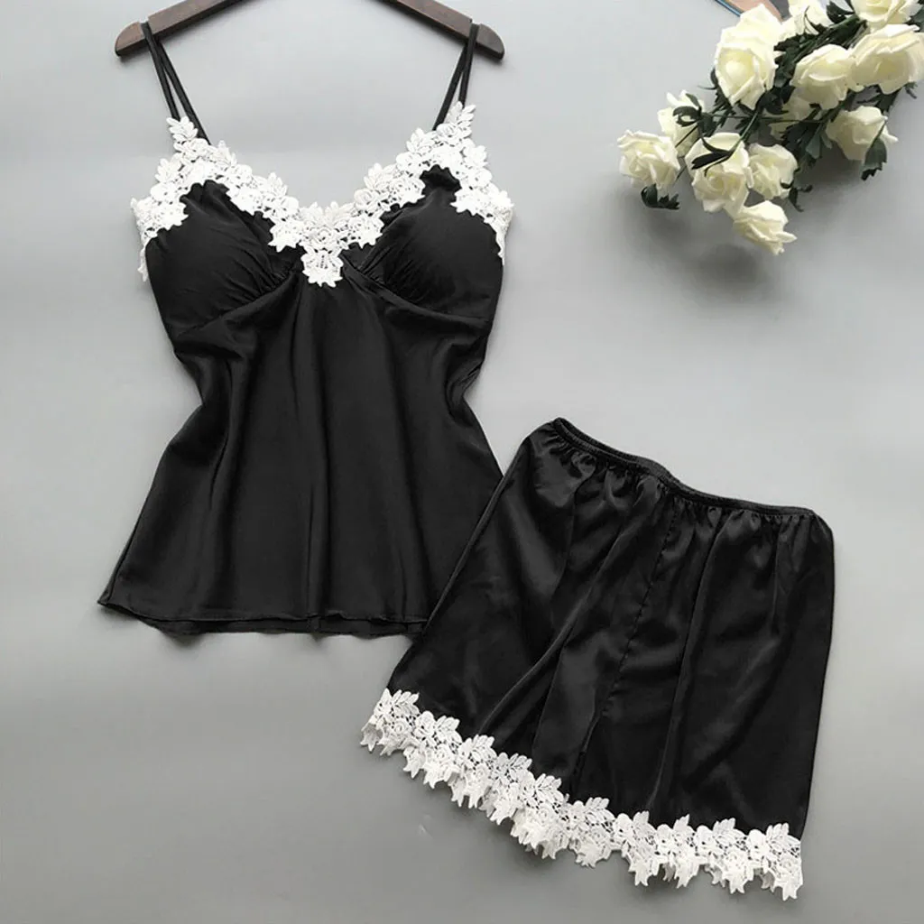 Women Fashion Sexy Lace Stitching Camisole Loose Shorts Pajamas Two-Piece Set