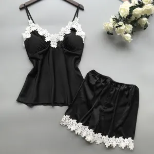 Women Fashion Sexy Lace Stitching Camisole Loose Shorts Pajamas Two-Piece Set