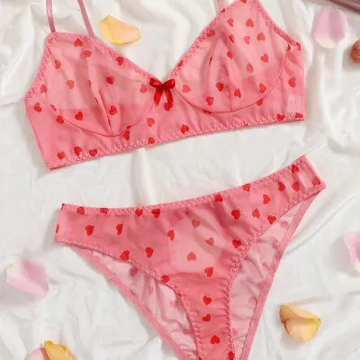 Women Plus Size Love Printed Bowknot Sexy Lingerie Set