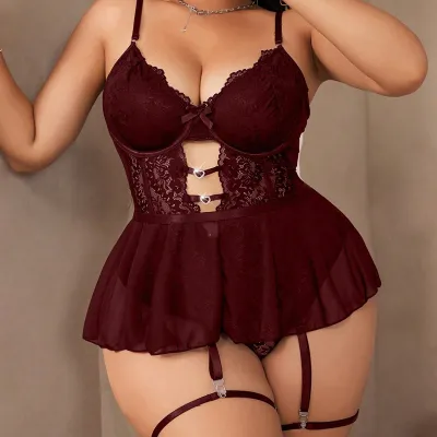 Women Plus Size Lace Mesh Garter Belt Sexy Lingerie Set