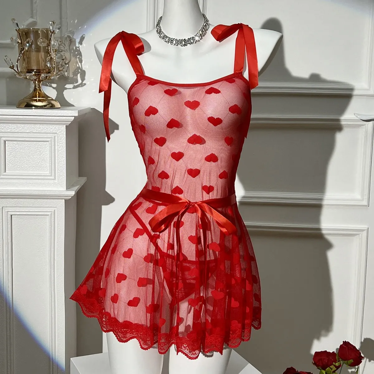 Women Fashion Solid Color Love Printed Lace-Up Sexy Lingerie Set