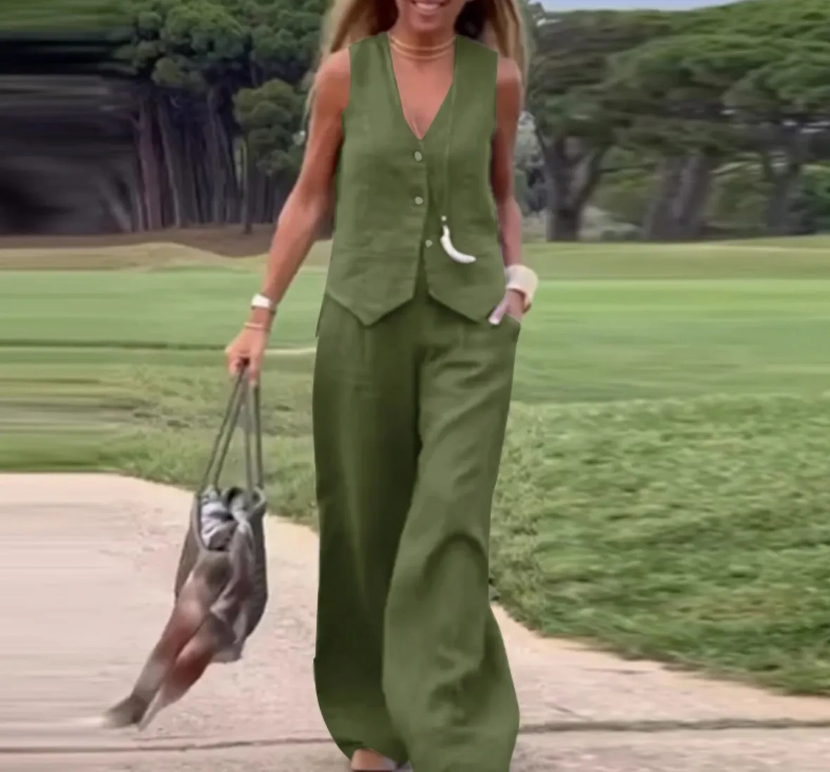 Women Fashion Casual Solid Color V-Neck Sleeveless Vest Loose Pants Two-Piece Set