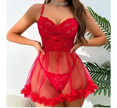 Women Fashion Solid Color Lace Perspective Garter Sexy Lingerie Set