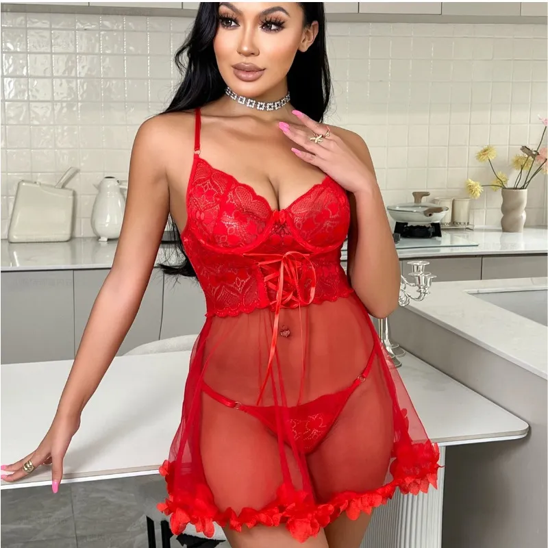 Women Fashion Solid Color Lace Perspective Garter Sexy Lingerie Set